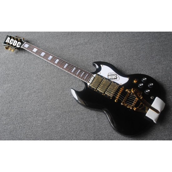 Custom Double Cutaway Gloss Black SG Electric Guitar 3 Humbuckers Pickups, Bigs Tremolo Bridge, Gold Hardware, White Pickguard, Grover Tuner