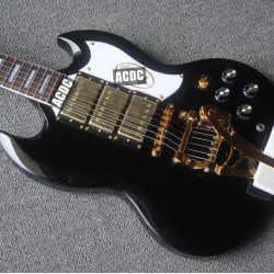 Custom Double Cutaway Gloss Black SG Electric Guitar 3 Humbuckers Pickups, Bigs Tremolo Bridge, Gold Hardware, White Pickguard, Grover Tuner