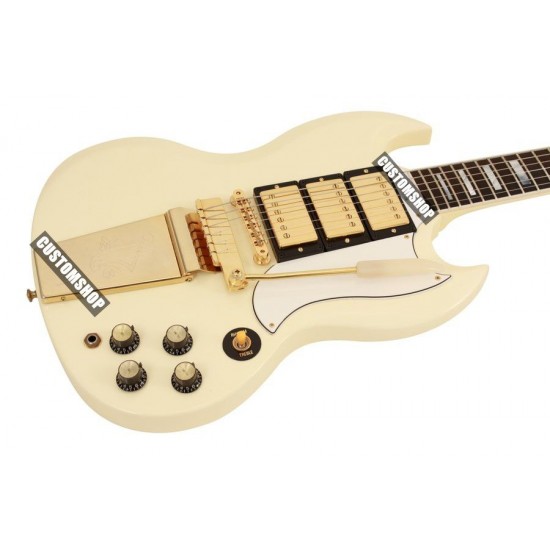 Custom Shop 1968 SG Custom Polaris White Double Cutaway Electric Guitar Long Version Maestro Vibrola Gold Tremolo Birdge 3 Pickups