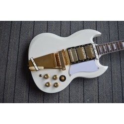 Custom Shop 1968 SG Custom Polaris White Double Cutaway Electric Guitar Long Version Maestro Vibrola Gold Tremolo Birdge 3 Pickups