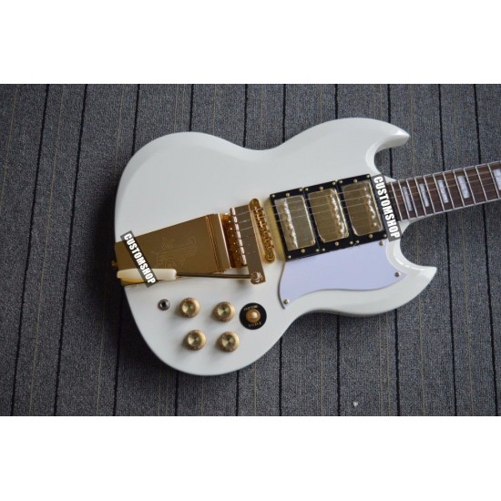 Custom Shop 1968 SG Custom Polaris White Double Cutaway Electric Guitar Long Version Maestro Vibrola Gold Tremolo Birdge 3 Pickups