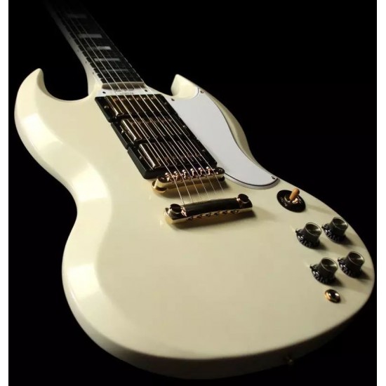 Custom Limited Vintage White Cream SG 400 Double Cutaway Electric Guitar Dual 3 Humbucker Pickups White MOP Trapezoid Inlay