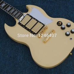 Custom Limited Vintage White Cream SG 400 Double Cutaway Electric Guitar Dual 3 Humbucker Pickups White MOP Trapezoid Inlay