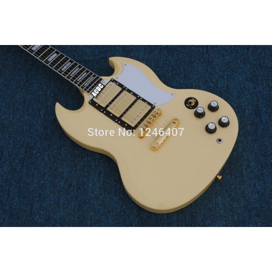 Custom Limited Vintage White Cream SG 400 Double Cutaway Electric Guitar Dual 3 Humbucker Pickups White MOP Trapezoid Inlay