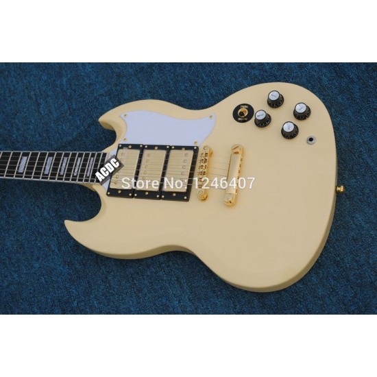 Custom Limited Vintage White Cream SG 400 Double Cutaway Electric Guitar Dual 3 Humbucker Pickups White MOP Trapezoid Inlay