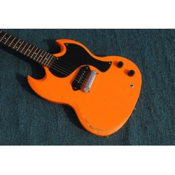 Custom Shop 1968 Heavy Relic Worn SG Double Cutaway Orange Electric Guitar Black P90 Pickup Black Pickguard One Piece Bridge Tailpiece