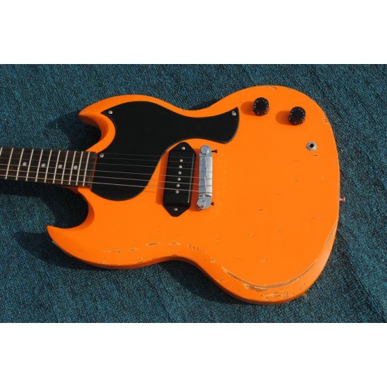 Custom Shop 1968 Heavy Relic Worn SG Double Cutaway Orange Electric Guitar Black P90 Pickup Black Pickguard One Piece Bridge Tailpiece