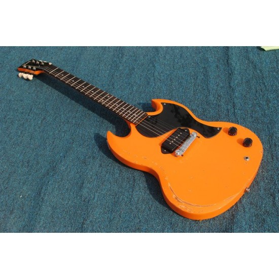 Custom Shop 1968 Heavy Relic Worn SG Double Cutaway Orange Electric Guitar Black P90 Pickup Black Pickguard One Piece Bridge Tailpiece