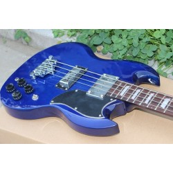 Custom Double Cutaway 4 Strings Blue SG Electric Bass Guitar Chrome Hardware Triangle MOP Trapeziod Fingerboard Inlay Awesome China Guitars