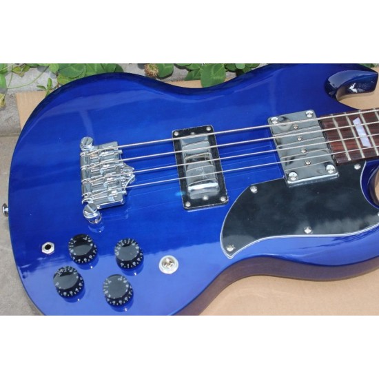 Custom Double Cutaway 4 Strings Blue SG Electric Bass Guitar Chrome Hardware Triangle MOP Trapeziod Fingerboard Inlay Awesome China Guitars