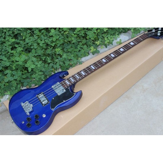 Custom Double Cutaway 4 Strings Blue SG Electric Bass Guitar Chrome Hardware Triangle MOP Trapeziod Fingerboard Inlay Awesome China Guitars