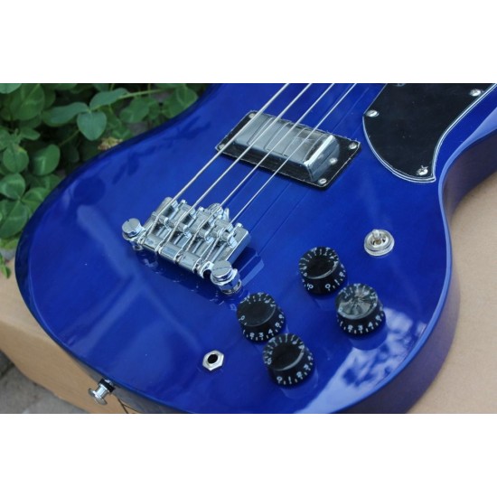 Custom Double Cutaway 4 Strings Blue SG Electric Bass Guitar Chrome Hardware Triangle MOP Trapeziod Fingerboard Inlay Awesome China Guitars