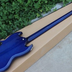 Custom Double Cutaway 4 Strings Blue SG Electric Bass Guitar Chrome Hardware Triangle MOP Trapeziod Fingerboard Inlay Awesome China Guitars