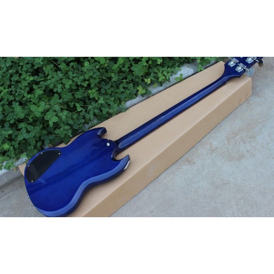 Custom Double Cutaway 4 Strings Blue SG Electric Bass Guitar Chrome Hardware Triangle MOP Trapeziod Fingerboard Inlay Awesome China Guitars