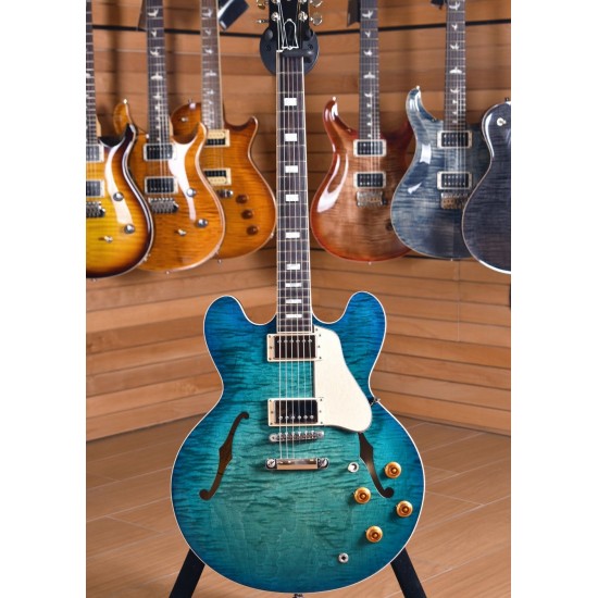 2018 Memphis 335 Semi Hollow Figured Aquamarine Jazz Electric Guitar Flame Maple Top & Side & Back, Little Pin ABR-1 Bridge, Chrome Hardware