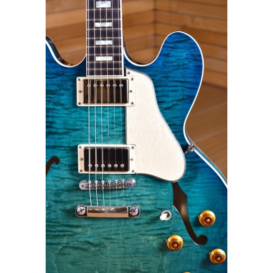 2018 Memphis 335 Semi Hollow Figured Aquamarine Jazz Electric Guitar Flame Maple Top & Side & Back, Little Pin ABR-1 Bridge, Chrome Hardware