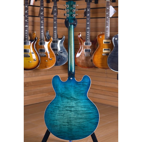 2018 Memphis 335 Semi Hollow Figured Aquamarine Jazz Electric Guitar Flame Maple Top & Side & Back, Little Pin ABR-1 Bridge, Chrome Hardware