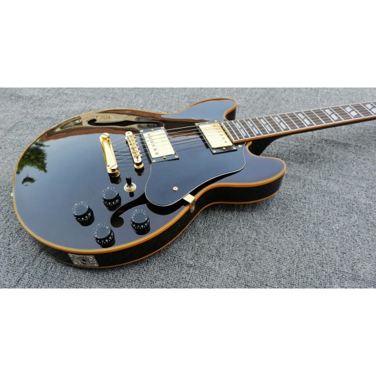 Custom 1959 345 Semi Hollow Body Black Jazz Electric Guitar Double F Holes, Yellow Body Binding, Gold Hardware, Double Slash Fretboard Inlay