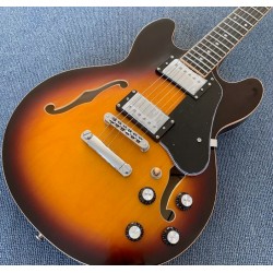 Custom 1959 339 Vintage Sunburst Semi Hollow Body Jazz Electric Guitar Double F Holes, Semi-Gloss Finihsed, Dot Inlay, Cream Body Binding