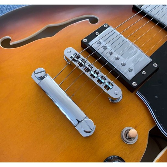 Custom 1959 339 Vintage Sunburst Semi Hollow Body Jazz Electric Guitar Double F Holes, Semi-Gloss Finihsed, Dot Inlay, Cream Body Binding