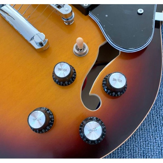 Custom 1959 339 Vintage Sunburst Semi Hollow Body Jazz Electric Guitar Double F Holes, Semi-Gloss Finihsed, Dot Inlay, Cream Body Binding