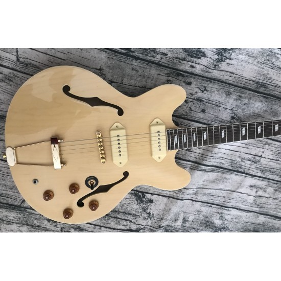 John Lennon Revolution Casino Natural ES Semi Hollow Body Jazz Electric Guitar Gold Hardware, Double F Holes, Trapeze Tailpiece, P90 Pickups