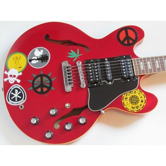 Custom Shop Alvin Lee Semi Hollow Body Big Red 335 Jazz Electric Guitar Multi Stickers Top, Small Block Inlay, 60s Neck, HSH Pickup, 5 Knobs