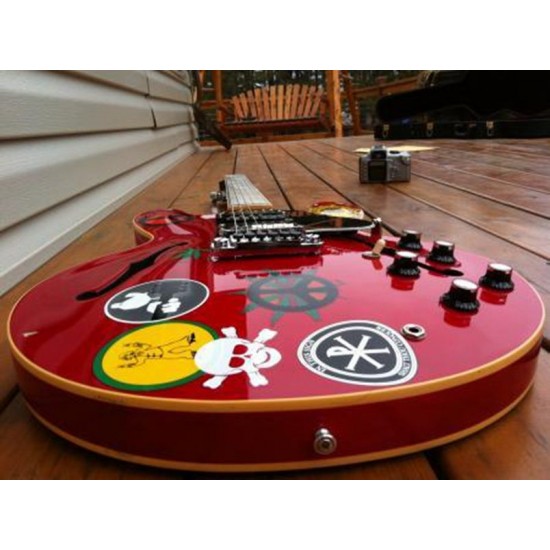 Custom Shop Alvin Lee Semi Hollow Body Big Red 335 Jazz Electric Guitar Multi Stickers Top, Small Block Inlay, 60s Neck, HSH Pickup, 5 Knobs