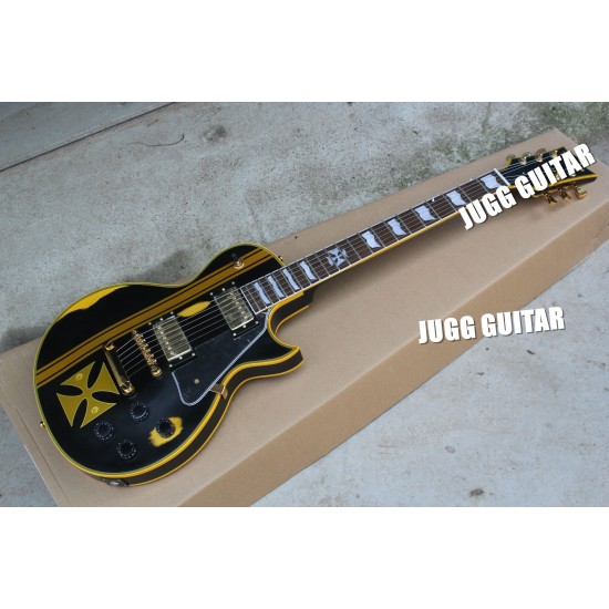 Custom Aged James Hetfield Metallic Iron Cross Classic Relic Black & Yellow Electric Guitar Ebony Fingerboard EMG Pickups Gold Hardware