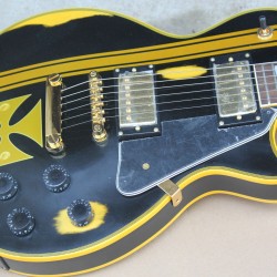 Custom Aged James Hetfield Metallic Iron Cross Classic Relic Black & Yellow Electric Guitar Ebony Fingerboard EMG Pickups Gold Hardware