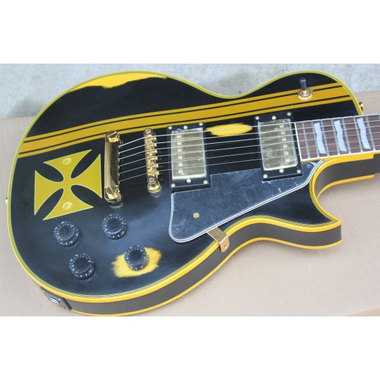 Custom Aged James Hetfield Metallic Iron Cross Classic Relic Black & Yellow Electric Guitar Ebony Fingerboard EMG Pickups Gold Hardware