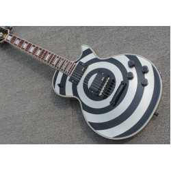 Custom Shop Zakk Wylde bullseye Metallic Silver & Black Electric Guitar White Block Pearl Inlay, Copy EMG Passive Pickups, Black Hardware