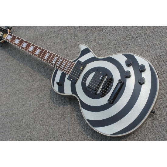 Custom Shop Zakk Wylde bullseye Metallic Silver & Black Electric Guitar White Block Pearl Inlay, Copy EMG Passive Pickups, Black Hardware