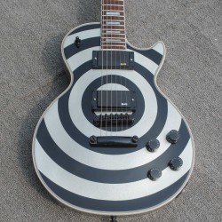 Custom Shop Zakk Wylde bullseye Metallic Silver & Black Electric Guitar White Block Pearl Inlay, Copy EMG Passive Pickups, Black Hardware