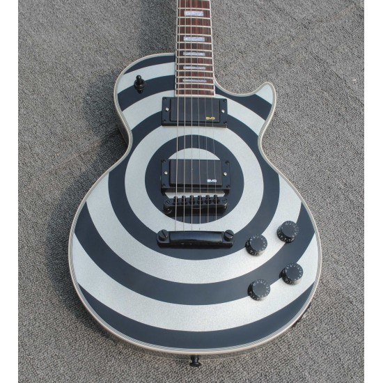 Custom Shop Zakk Wylde bullseye Metallic Silver & Black Electric Guitar White Block Pearl Inlay, Copy EMG Passive Pickups, Black Hardware