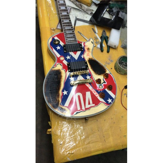 Custom Shop ZAKK WYLDE 04 REBEL FLAG Heavy Relic Fire Burn Electric Guitar Copy EMG Active Pickups & 9V Battery Box, Gold Hardware