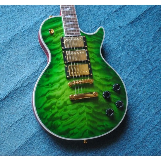 Custom Ace Frehley Signature Green Quilted Maple Top Electric Guitar 3 Humbucker Pickups, Lightening Bolt Inlay, Grover Tuner, Gold Hardware