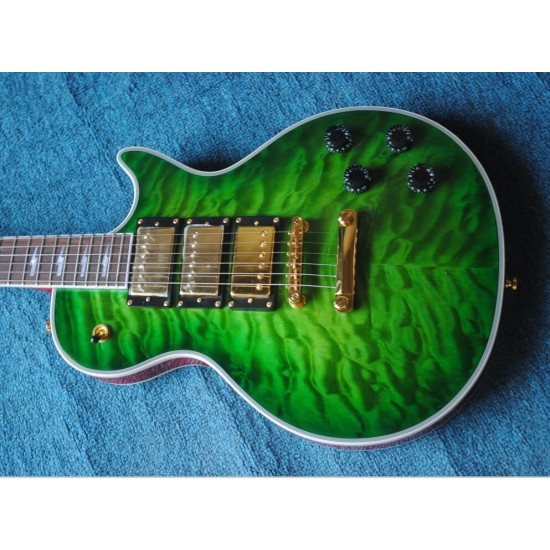 Custom Ace Frehley Signature Green Quilted Maple Top Electric Guitar 3 Humbucker Pickups, Lightening Bolt Inlay, Grover Tuner, Gold Hardware