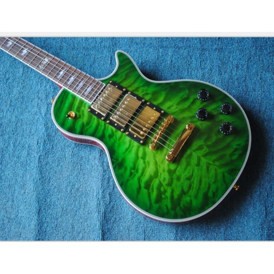 Custom Ace Frehley Signature Green Quilted Maple Top Electric Guitar 3 Humbucker Pickups, Lightening Bolt Inlay, Grover Tuner, Gold Hardware