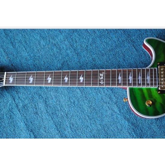 Custom Ace Frehley Signature Green Quilted Maple Top Electric Guitar 3 Humbucker Pickups, Lightening Bolt Inlay, Grover Tuner, Gold Hardware