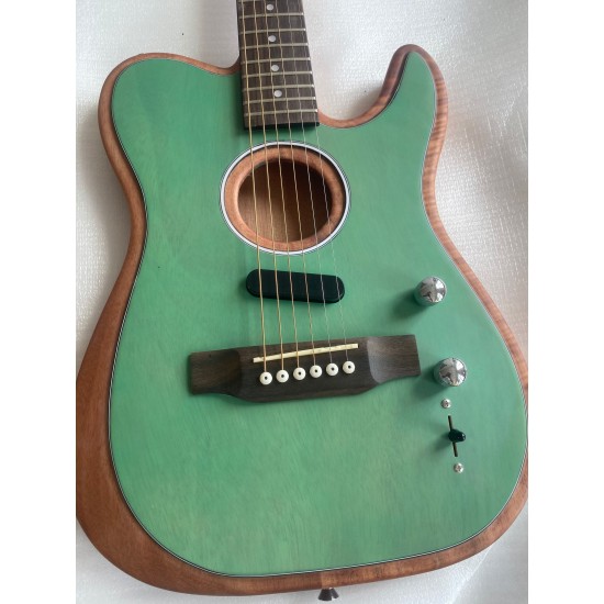 Custom Shop Acoustasonic Tele Satin Green Electric Guitar Hollow Body, Vintage Tuners, Chrome Hardware, No Acoustic PU Only Magnetic Pickups, Deep C Mahogany Neck