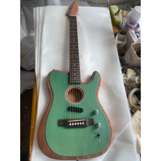 Custom Shop Acoustasonic Tele Satin Green Electric Guitar Hollow Body, Vintage Tuners, Chrome Hardware, No Acoustic PU Only Magnetic Pickups, Deep C Mahogany Neck