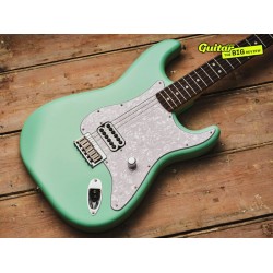 Custom TomDelonge Strat Surf Green Electric Guitar Special Inlay, Big Headstock, White Pearl Pickguard, Engraved Neck Plate, Vintage Tuners, Tremolo Bridge