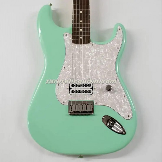 Custom TomDelonge Strat Surf Green Electric Guitar Special Inlay, Big Headstock, White Pearl Pickguard, Engraved Neck Plate, Vintage Tuners, Tremolo Bridge