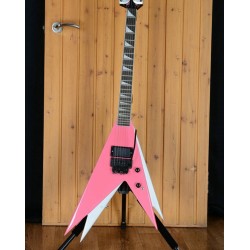 Rare Vinnie Vincent Flying V Double V Pink White Electric Guitar,Floyd Rose Tremolo, Shark Fin Inlay,EMG Pickup, Black Hardware