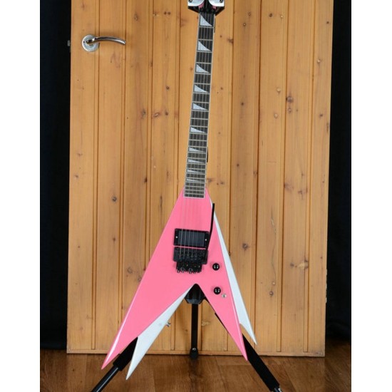 Rare Vinnie Vincent Flying V Double V Pink White Electric Guitar,Floyd Rose Tremolo, Shark Fin Inlay,EMG Pickup, Black Hardware