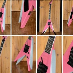 Rare Vinnie Vincent Flying V Double V Pink White Electric Guitar,Floyd Rose Tremolo, Shark Fin Inlay,EMG Pickup, Black Hardware