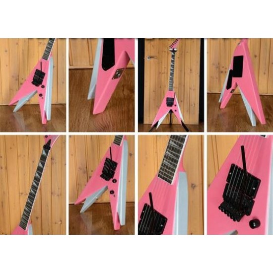 Rare Vinnie Vincent Flying V Double V Pink White Electric Guitar,Floyd Rose Tremolo, Shark Fin Inlay,EMG Pickup, Black Hardware