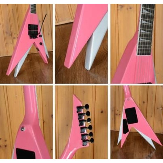 Rare Vinnie Vincent Flying V Double V Pink White Electric Guitar,Floyd Rose Tremolo, Shark Fin Inlay,EMG Pickup, Black Hardware