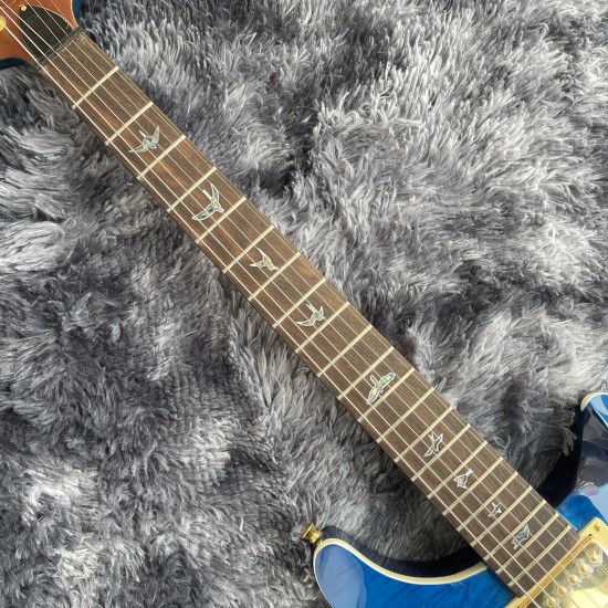 Rare Reed Dragon 2000 #30 Trans Blue Flame Maple Top Electric Guitar Abalone Birds Inlay, Wrap Arround Tailpiece, Gold Hardware